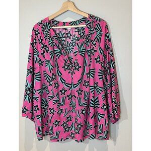 Crown & Ivy Top Womens Blouse Plus 3X Pink 3/4 Sleeve Peasant V Neck Rayón